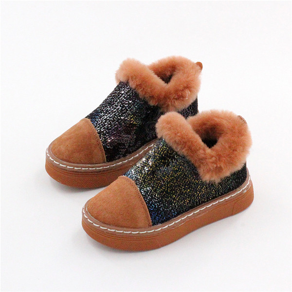 Модерни детски ежедневни обувки за момичета с пайети и пух в три цвята