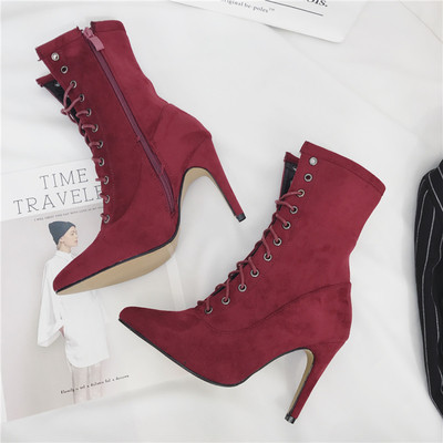 Дамски велурени боти с кръстосани връзки и височина над глезена + висок тънък ток