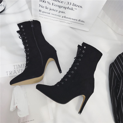 Дамски велурени боти с кръстосани връзки и височина над глезена + висок тънък ток