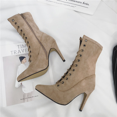 Дамски велурени боти с кръстосани връзки и височина над глезена + висок тънък ток