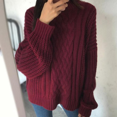 Топъл дамски вълнен пуловер с О-образна яка