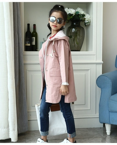 Μοντέρνο μωρό μακρύ μπουφάν για κορίτσια με δαντέλα στα μανίκια και κουκούλα σε δύο χρώματα