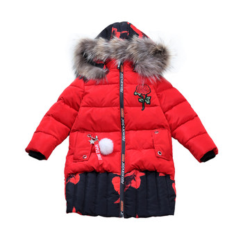 Детско зимно дълго яке с качулка и пух за момичета, с надпис и апликация на гърба  в черен и червен цвят