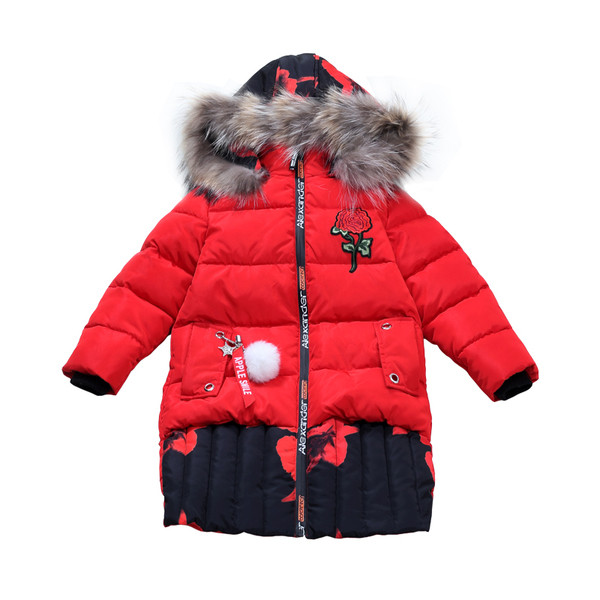 Βρεφικό μακρύ μπουφάν χειμώνα με κουκούλα και κάτω για κορίτσια, με επιγραφή και υποστήριξη σε μαύρο και κόκκινο χρώμα