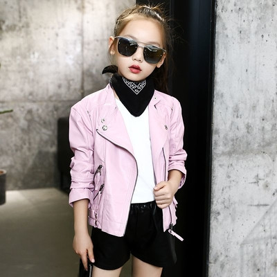 Κομψό δερμάτινο μπουφάν για κορίτσια σε ροζ και μαύρο χρώμα