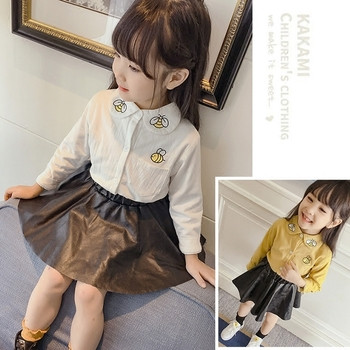 Стилна детска риза за момичета с мини апликации в два бял и жълт цвят