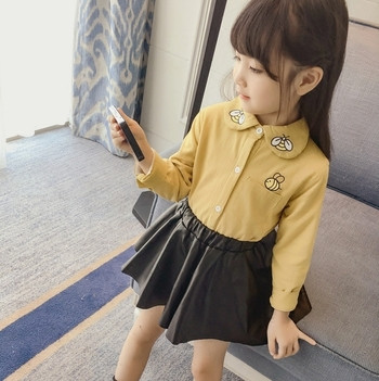 Стилна детска риза за момичета с мини апликации в два бял и жълт цвят
