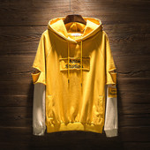 Спортно-ежедневен мъжки суичър с качулка и двоен ръкав с надпис в три цвята