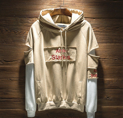 Спортно-ежедневен мъжки суичър с качулка и двоен ръкав с надпис в три цвята