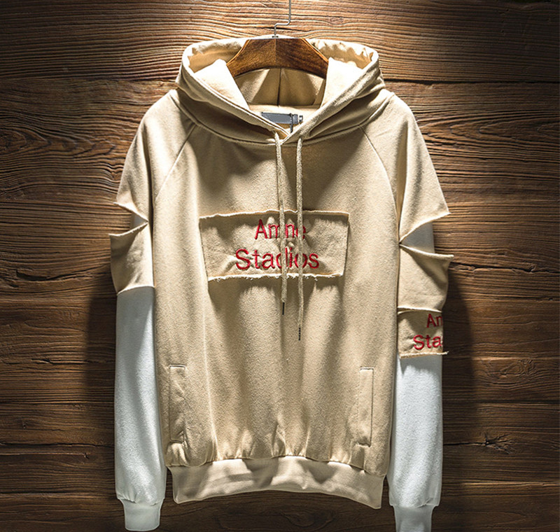 Спортно-ежедневен мъжки суичър с качулка и двоен ръкав с надпис в три цвята 