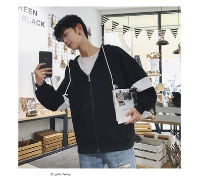 Мъжки спортен суичър с цип,качулка и надпис на гърба в широк модел в сив,черен,червен и бял цвят