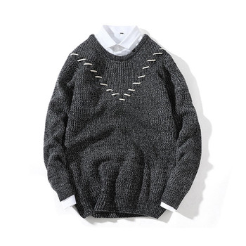 Мъжки ежедневен пуловер от дебело плетиво с интересни връзки в черен,сив и тъмно синц цвят