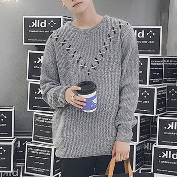 Мъжки ежедневен пуловер от дебело плетиво с интересни връзки в черен,сив и тъмно синц цвят