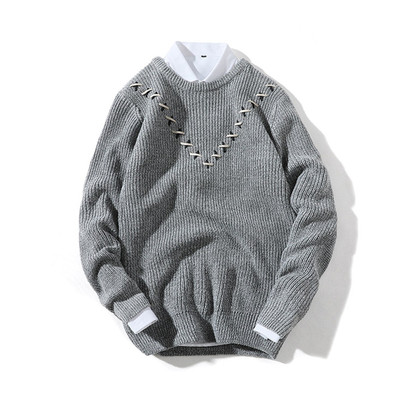 Мъжки ежедневен пуловер от дебело плетиво с интересни връзки в черен,сив и тъмно синц цвят