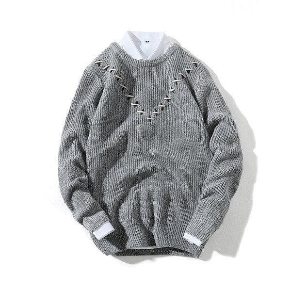 Мъжки ежедневен пуловер от дебело плетиво с интересни връзки в черен,сив и тъмно синц цвят