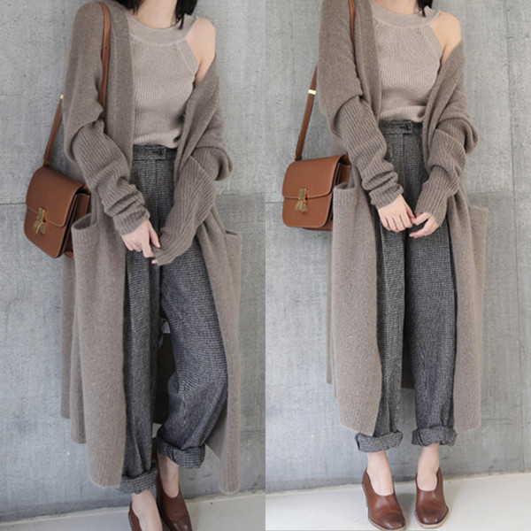 Семпла дълга дамска жилетка с джобове в два цвята 