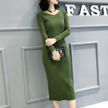 Μοντέρνο γυναικείο φόρεμα χειμώνα-χειμώνα με σχισμή και ντεκολτέ σε σχήμα V σε τέσσερα χρώματα