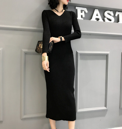 Модерна есенно-зимна дамска рокля с цепка и V-образно деколте в четири цвята