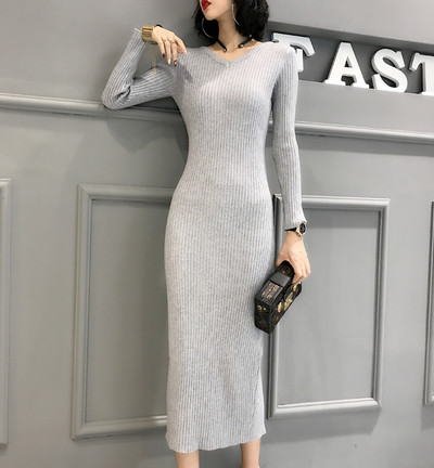 Модерна есенно-зимна дамска рокля с цепка и V-образно деколте в четири цвята