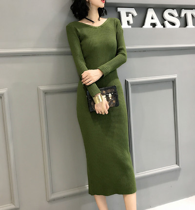 Модерна есенно-зимна дамска рокля с цепка и V-образно деколте в четири цвята