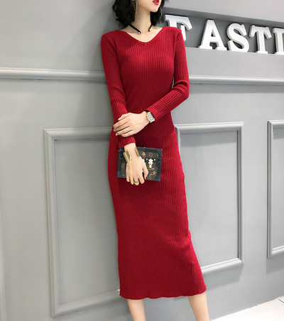 Модерна есенно-зимна дамска рокля с цепка и V-образно деколте в четири цвята