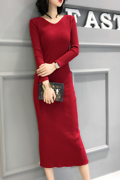 Модерна есенно-зимна дамска рокля с цепка и V-образно деколте в четири цвята