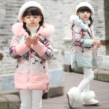 Παιδικό χειμωνιάτικο σακάκι με κουκούλα και φτερό για κορίτσια με φυτικά μοτίβα σε δύο χρώματα