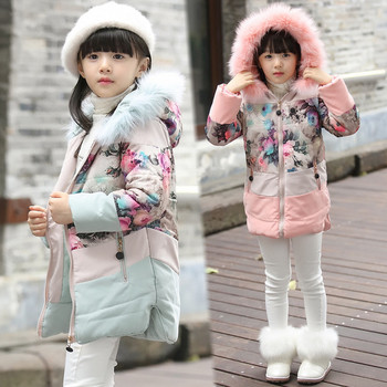Παιδικό χειμωνιάτικο σακάκι με κουκούλα και φτερό για κορίτσια με φυτικά μοτίβα σε δύο χρώματα