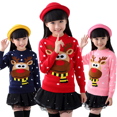 Ежедневен детски пуловер за момичета на точки с О-образна яка и апликация елен в червен,розов и тъмно син цвят