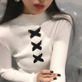 Дамски ежедневен тънък пуловер с кръстосани връзки по предната част