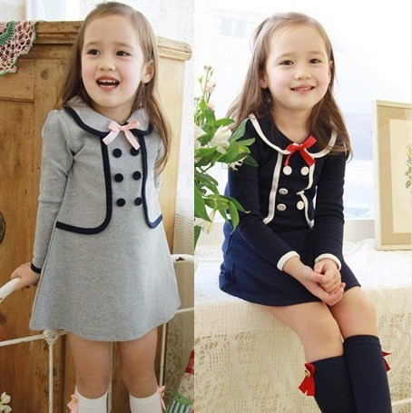 Детска рокля за момичета с панделка в сив и тъмно син цвят