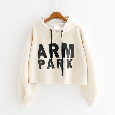 Спортен ежедневен суичър с качулка с надпис,скъсен модел в шест цвята