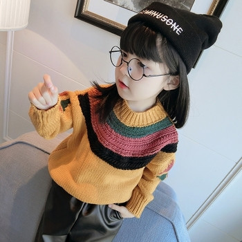 Плетен детски пуловер за момичета с О-образно деколте в два цвята