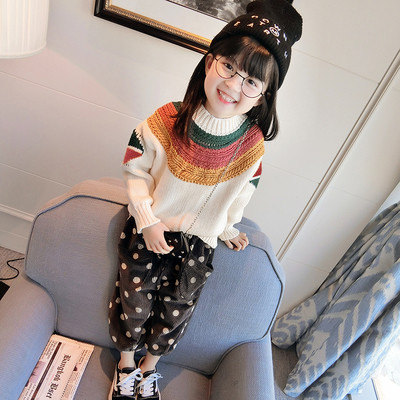 Плетен детски пуловер за момичета с О-образно деколте в два цвята