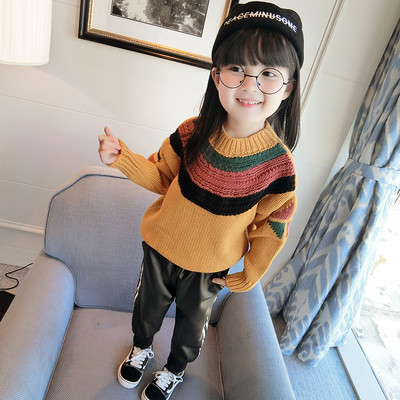 Плетен детски пуловер за момичета с О-образно деколте в два цвята