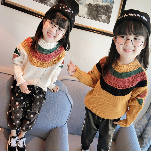 Плетен детски пуловер за момичета с О-образно деколте в два цвята