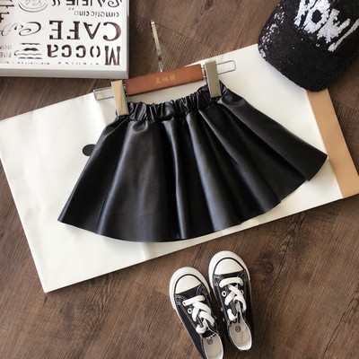 Стилна кожена пола за момичета, разкроена в черен цвят