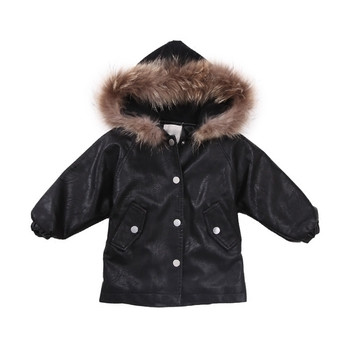 Зимно детско яке за момичета от еко кожа с качулка и пух, в черен цвят