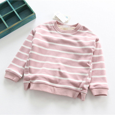 Детски раиран пуловер за момичета с О-образна яка в розов и черен цвят