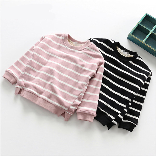 Детски раиран пуловер за момичета с О-образна яка в розов и черен цвят