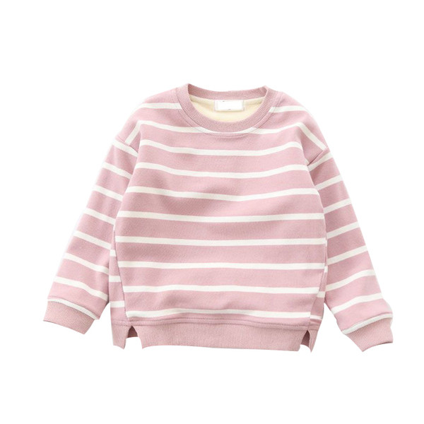 Детски раиран пуловер за момичета с О-образна яка в розов и черен цвят