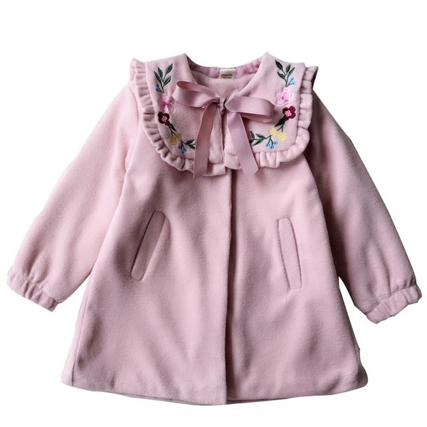 Есенно-зимно детско палто за момичета с бродерия в широк модел 