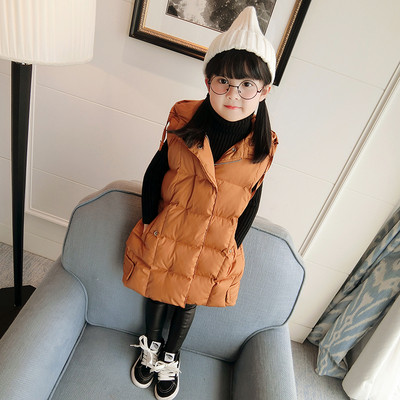 Дълъг зимен детски елек с качулка и надпис - два цвята