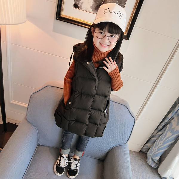 Дълъг зимен детски елек с качулка и надпис - два цвята