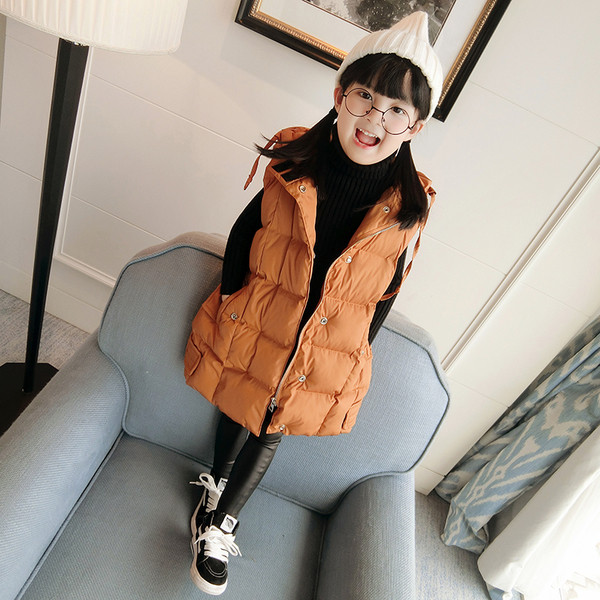 Дълъг зимен детски елек с качулка и надпис - два цвята