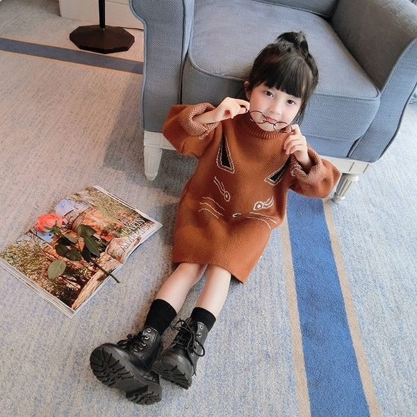 Детска плетена рокля за момичета с дълъг ръкав и изображение, в два цвята