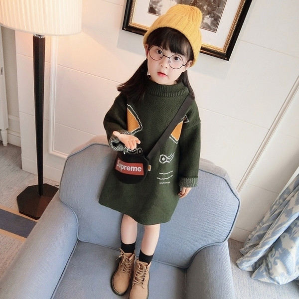 Детска плетена рокля за момичета с дълъг ръкав и изображение, в два цвята