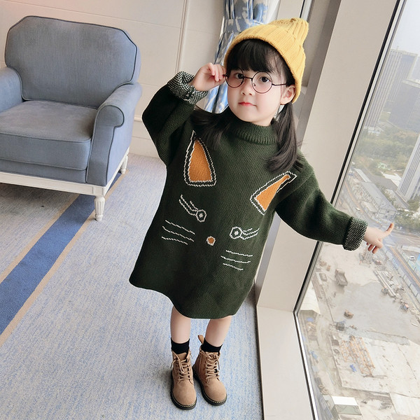 Детска плетена рокля за момичета с дълъг ръкав и изображение, в два цвята