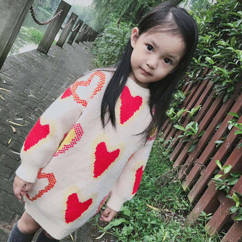 Ежедневен детски дълъг пуловер за момичета с О-образна яка, на сърца в два цвята