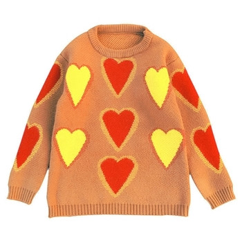 Καθημερινό παιδικό πουλόβερ για κορίτσια με κολάρο σε σχήμα O, καρδιές σε δύο χρώματα